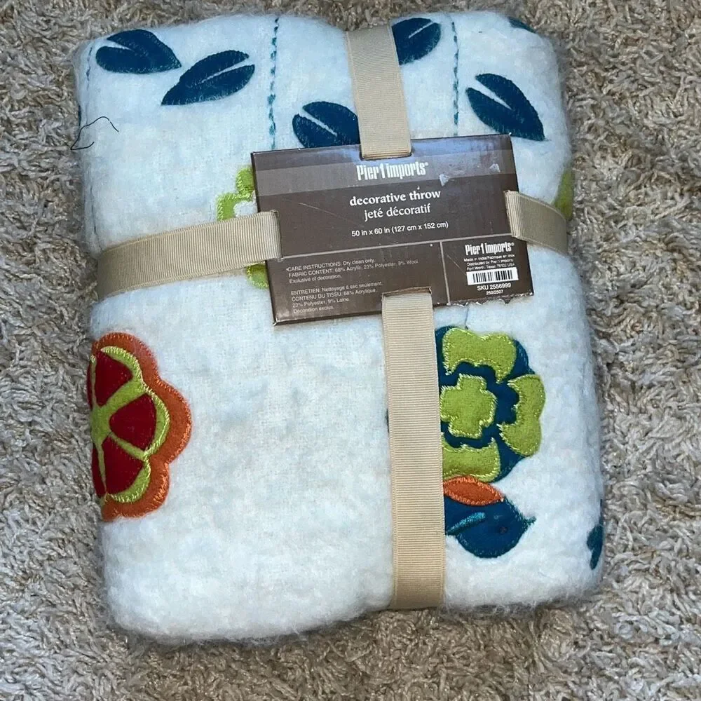 New Pier 1 Imports Embroidered Floral Birds Wool Blend Decorative Throw 50